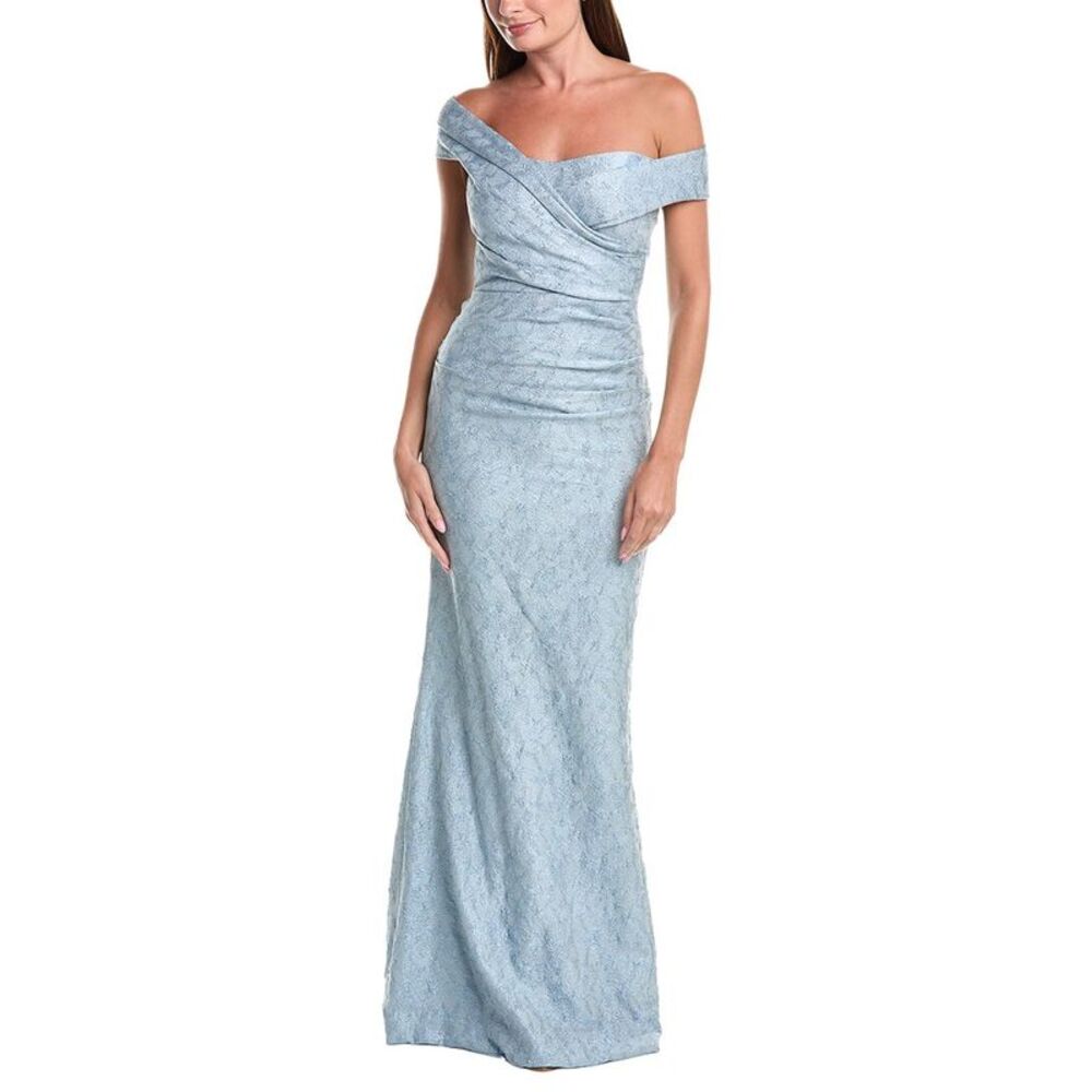 Teri Jon By Rickie Freeman Womens Metallic Jacquard Off-Shoulder Pleated Gown,